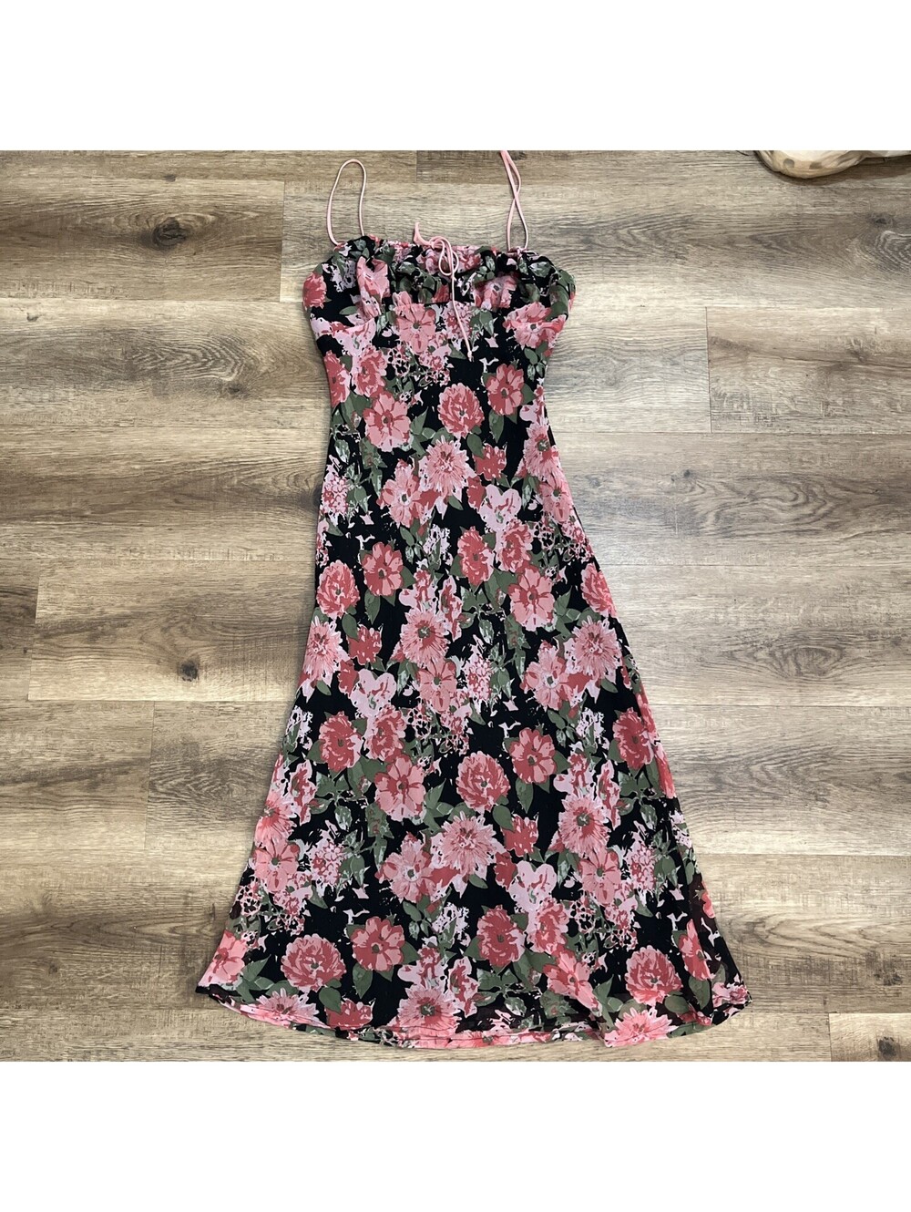 Cotton Candy LA Women's M Black Pink Green Floral Square Neck Midi/maxi Slip